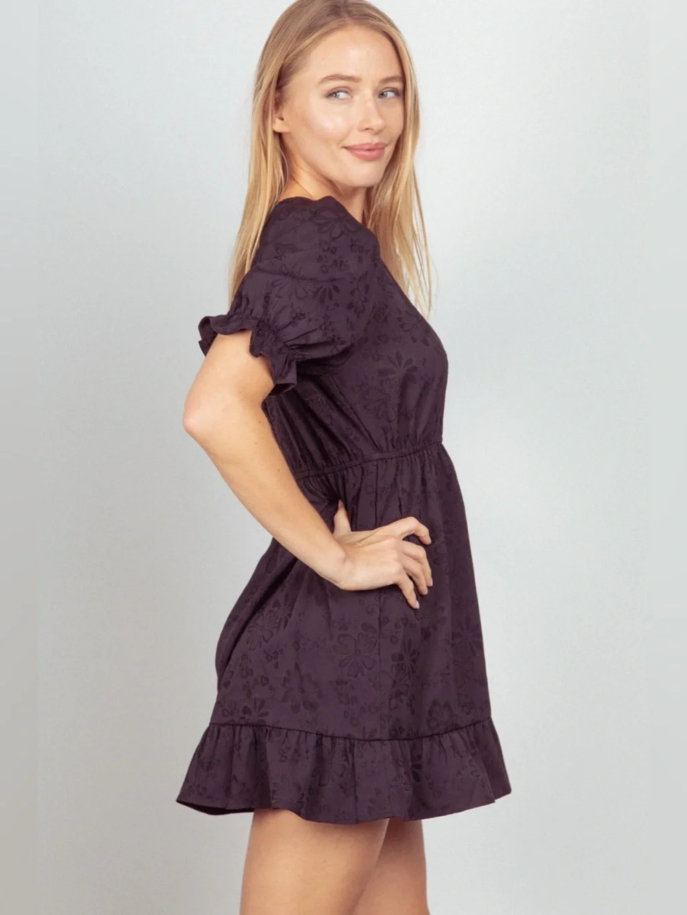 VERY J Floral Textured Woven Ruffled Mini Dress - Picture 3 of 4